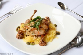 Rabbit Cassoulet of Flageolet Beans with Walnuts and Pistacios on Speghetti Squash